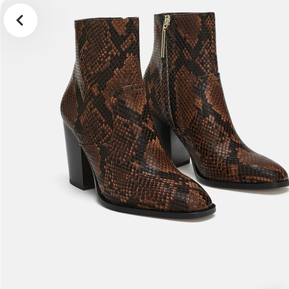 ZARA | heeled snakeskin ankle boots.